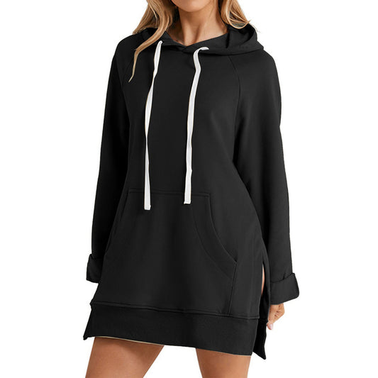 Solid-color hooded mid-length hoodie